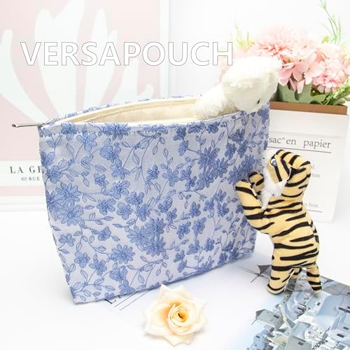 Flat Makeup Bag for Women, Zipper Cosmetic Pouch for Purse, Brocade Silver - Image 6