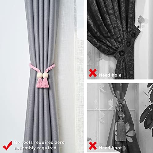 NICEEC 4 Pack Wooden Ball Magnetic Curtain Tiebacks Boho Home Decor Drape Tie - Image 2