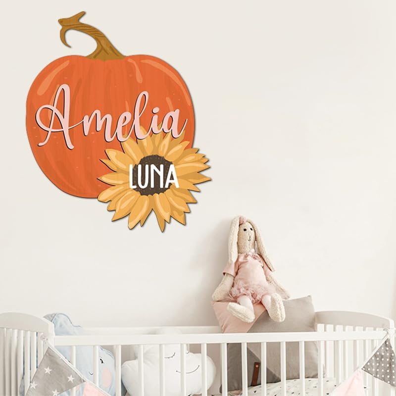 IZI POD Personalized Wooden Name Sign, Round 3D Nursery Name Sign, Pumpkin - Image 3