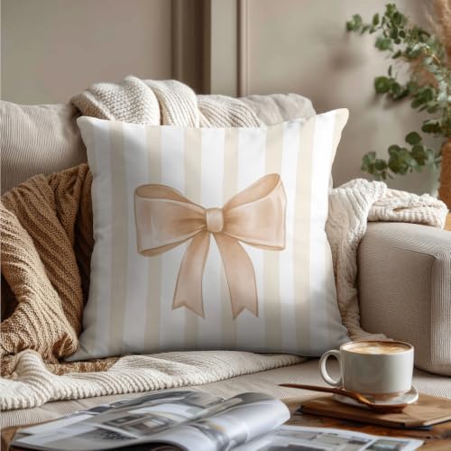 Beige Bow Decorative Throw Pillow 18x18 Inch – Cute Blush Pink Striped Pillow - Image 3