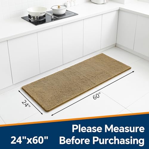 Chenille Bathroom Runner Rug 24"x60" Tan, Plush Bath Mat - Image 2