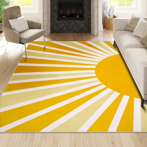 Lahome Yellow Rainbow Sun Area Rug 5x7, Classroom Rug by Lahome