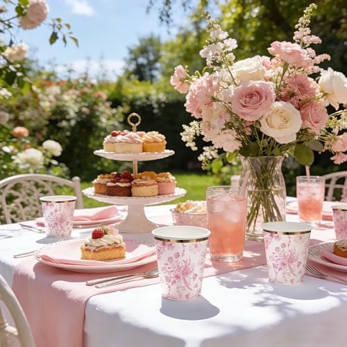 WRAPAHOLIC 50 Pcs Floral Paper Cups - 9 oz Pink Toile Flower Disposable Cup - Image 3
