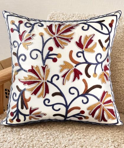 Embroidered Throw Pillow Cover, 18x18 Inch, Fall Floral by Kokaaee