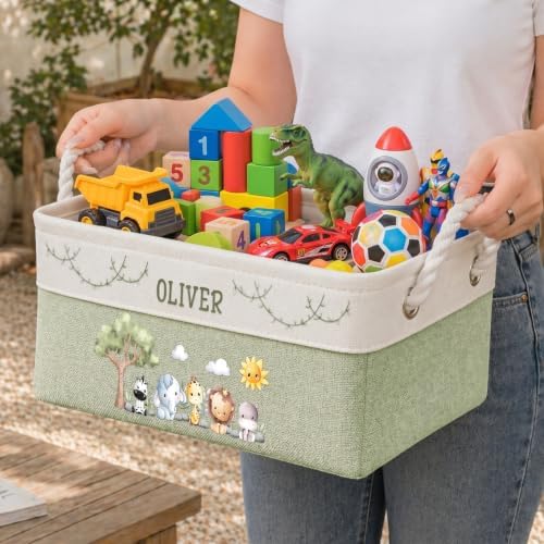 Macorner Personalized Safari Jungle Animals Storage Basket, Custom Kids Name - Image 6