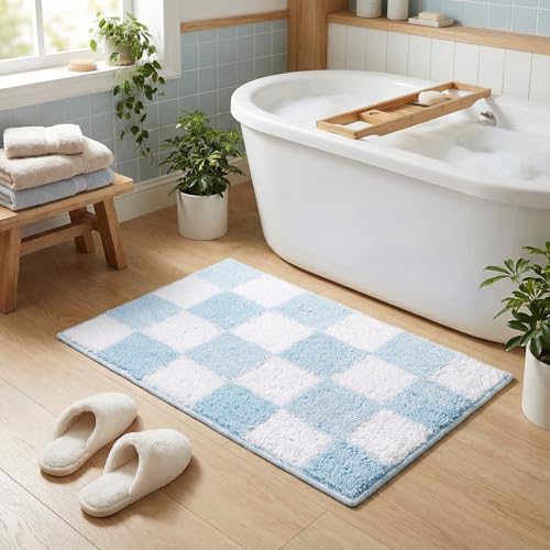 GRANNY SAYS Checkered Blue Bathroom Rug, Cute Bath Mat by GRANNYSAYS