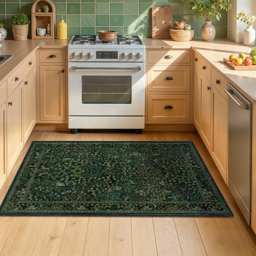 Dark Green Small Area Rugs 3x4, Whimsical Woodland Floral Animal Print Entryway - Image 4