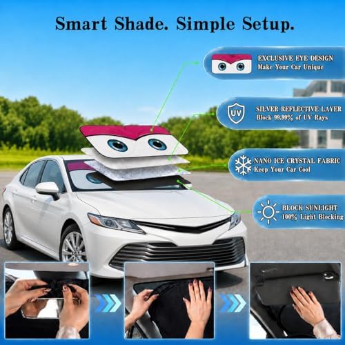 Car Windshield Sun Shade, Universal Fit Midsized Sedan SUV, Cute Pink - Image 4