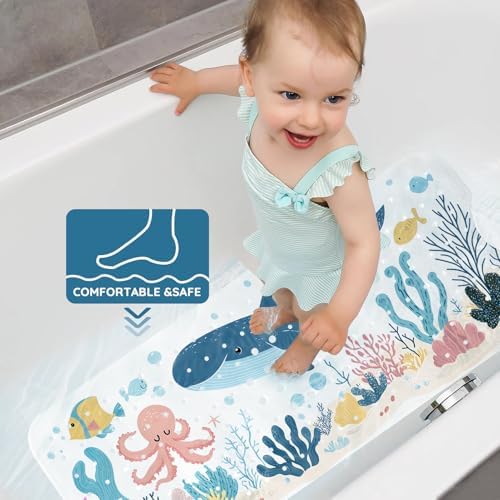 LNOND Bath Mat for Tub for Kids, Toddler Bathtub mat Non Slip, Whales and Coral - Image 6