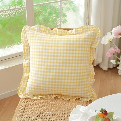 Set of 2 Yellow and White Ruffled Plaid Pillow Covers 18x18 Inch, Checkered - Image 2