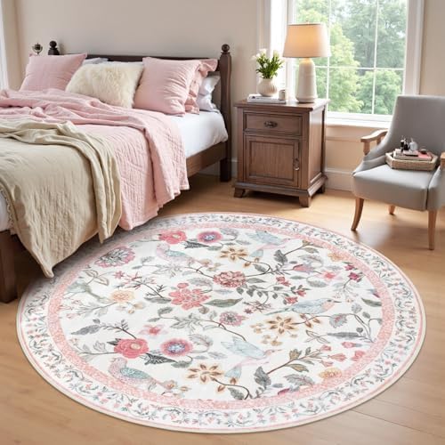 Rugalia Pink Floral Round Rugs 5ft, Washable Boho Circle Rug - Image 5