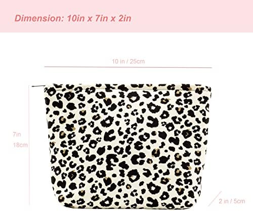 Flat Makeup Bag for Women, Zipper Cosmetic Pouch for Purse, Leopard Ivory - Image 2