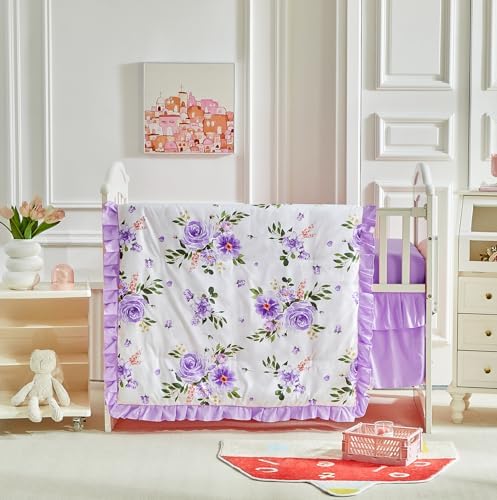 3 Pieces Flowers Mini Crib Bedding Set Baby Ruffled Quilted Comforter by Uozzi+Bedding