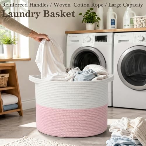 65L Large Pink Woven Cotton Rope Basket - Image 5