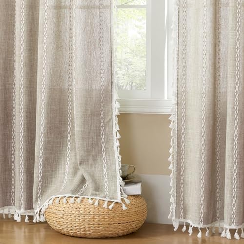 MitoVilla Taupe Boho Linen Bedroom Curtains 84 Inch Length 2 Panels Set - Image 6