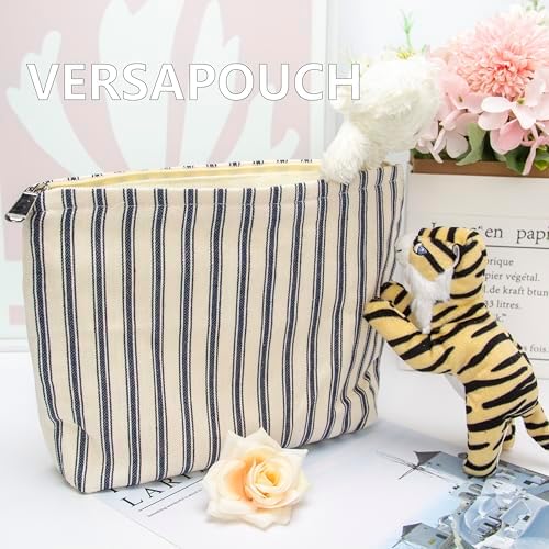 Flat Makeup Bag for Women, Zipper Cosmetic Pouch, Vintage Stripe Navy Blue - Image 6
