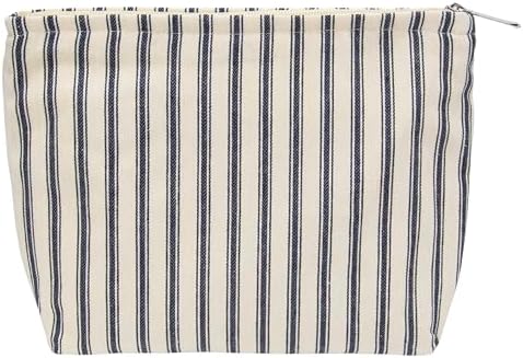 Flat Makeup Bag for Women, Zipper Cosmetic Pouch, Vintage Stripe Navy Blue by PAZIMIIK