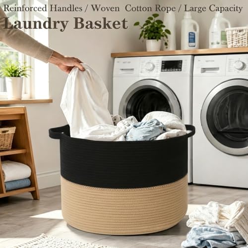 115L Extra Large Blanket Basket, Woven Laundry Basket-Black&Camel - Image 5