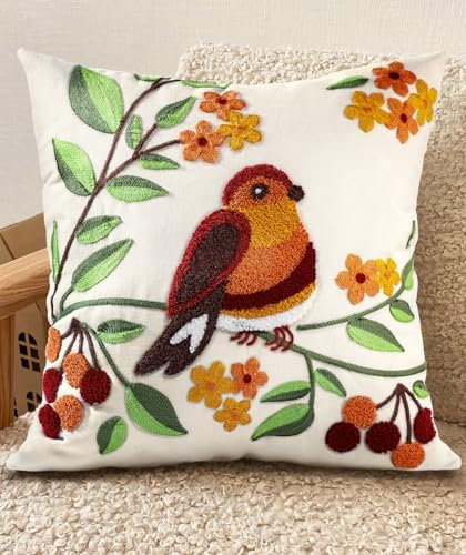 Embroidered Throw Pillow Cover, 18x18 Inch, Bird Branch by Kokaaee