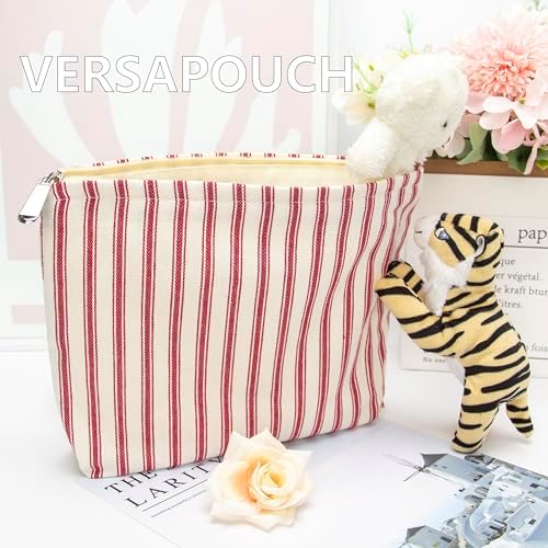 Flat Makeup Bag for Women, Zipper Cosmetic Pouch Purse, Vintage Stripe Red - Image 5