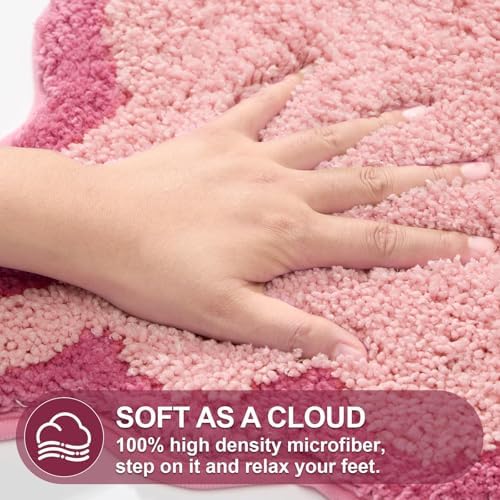 ORTIGIA Cute Pink Scalloped Bath Mat, Fun Plush Microfiber Scallop Bathroom - Image 4