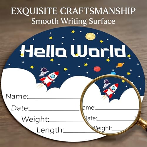 Birth Announcement Sign Hello World Baby Name Wood Spaceship Theme - Image 6