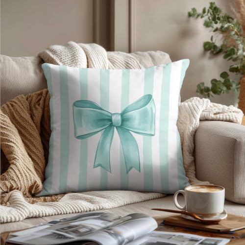 Aqua Bow Decorative Throw Pillow 18x18 Inch – Cute Blush Pink Striped Pillow - Image 3