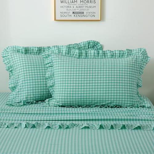 2 Pack Spa Blue Gingham Ruffle Standard Pillow Shams 20"x26" by KMASANIJI