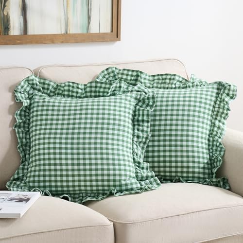 2 Pack Green White Gingham Ruffle Throw Pillow Covers 18''x18'' by KMASANIJI