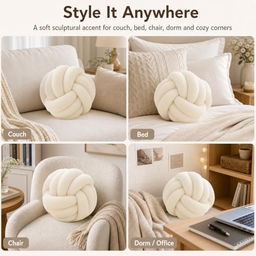 Petrella Ivory White Knot Pillow Ball, 8 Inch Round Decorative Throw Pillow - Image 3