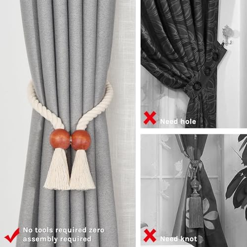 NICEEC 4 Pack Wooden Ball Magnetic Curtain Tiebacks Boho Home Decor Drape Tie - Image 2