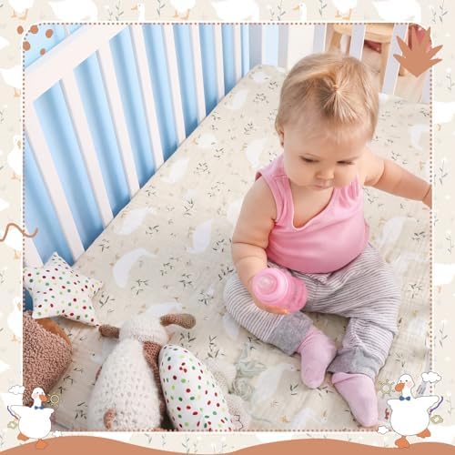 Breling 2 Pcs Muslin Silly Goose and Khaki Gingham Crib Sheets - Image 6