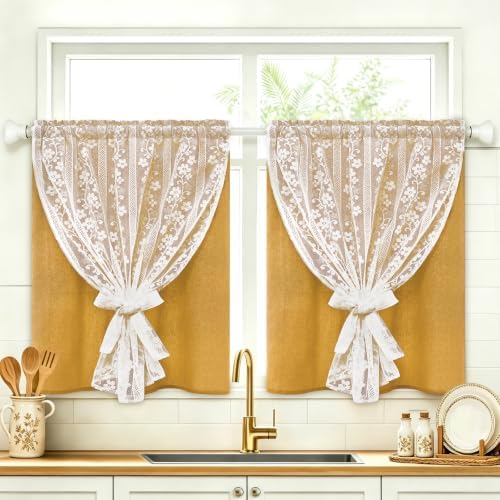 ASPMIZ Linen Kitchen Curtains 36 Inch Double Layer Kitchen Window Curtains by ASPMIZ