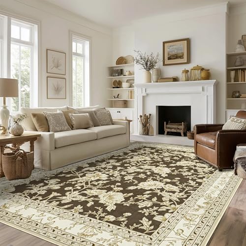BILEEHOME Brown Floral Area Rug 6x9 Modern Peony Washable Rugs Non Slip - Image 7