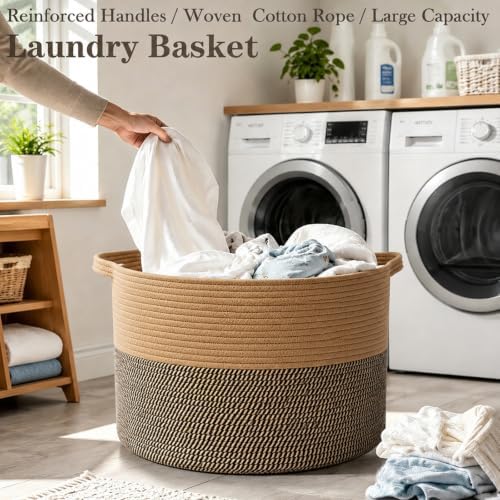 65L Large Blanket Basket, Rope Woven Laundry Baskets-Jute&Black - Image 5