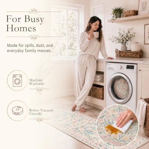 Wonnitar Floral Washable Runner Rug, Boho Non Slip Soft 8ft Long Carpet - Image 3