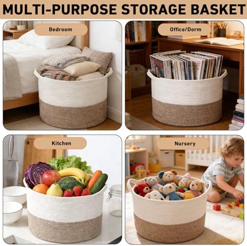 90L Woven Blanket Basket, Extra Large Laundry Basket-White & Brown - Image 6