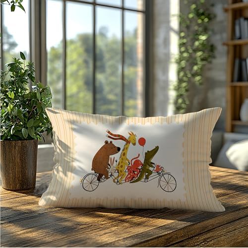Cute Jungle Animal Bike Striped Print Pillow Cover 20x12, Whimsical Animal - Image 5