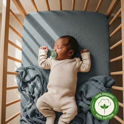 Crib Sheets, 100% Organic Cotton Muslin, Fitted 28"x52" Standard - Image 4