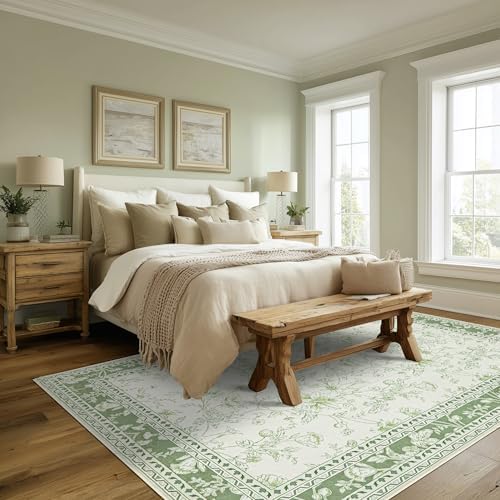 Sage Green Area Rug 6x9 Floral Print Washable Throw Rugs - Image 2