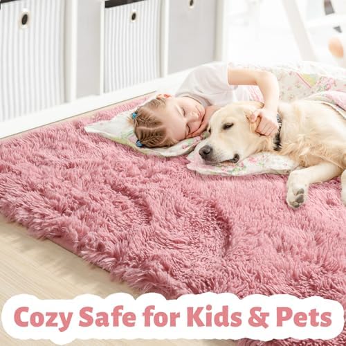 Amdrebio Blush Pink Fluffy Kids Area Rug 5x7 - Image 2