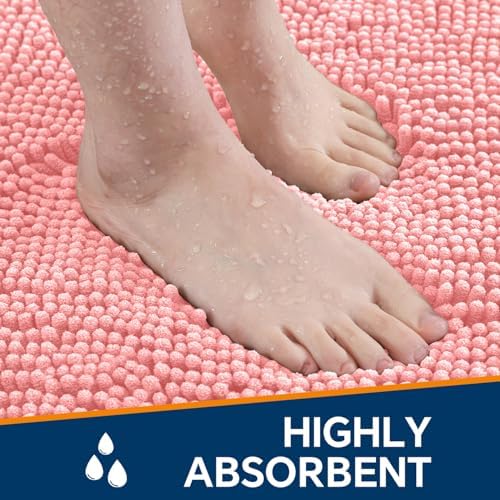 Chenille Bathroom Rug 26"x44" Pink, Non-Slip Plush Bath Mat - Image 4