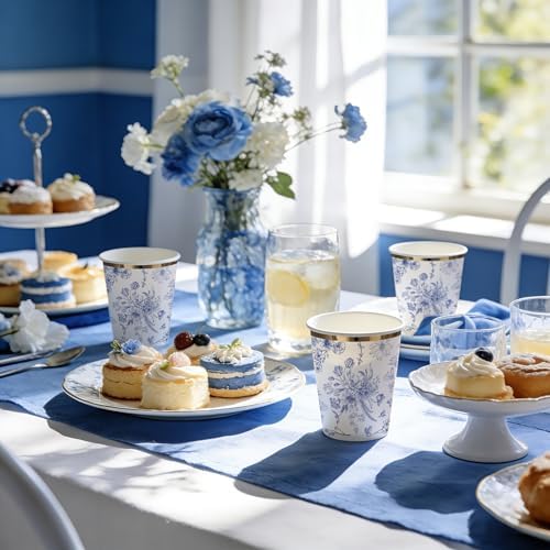 WRAPAHOLIC 50 Pcs Floral Paper Cups - 9 oz Blue Toile Flower Disposable Cup - Image 3
