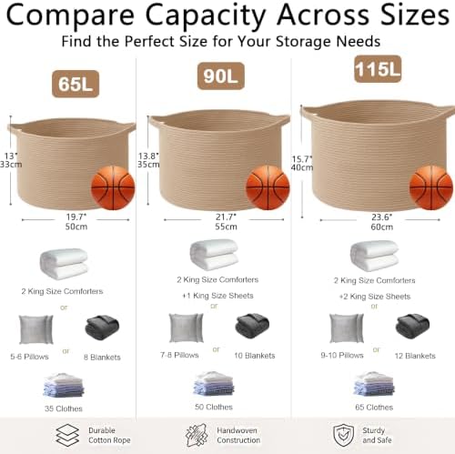 115L Extra Large Blanket Basket, Woven Rope Laundry Basket-Camel - Image 2