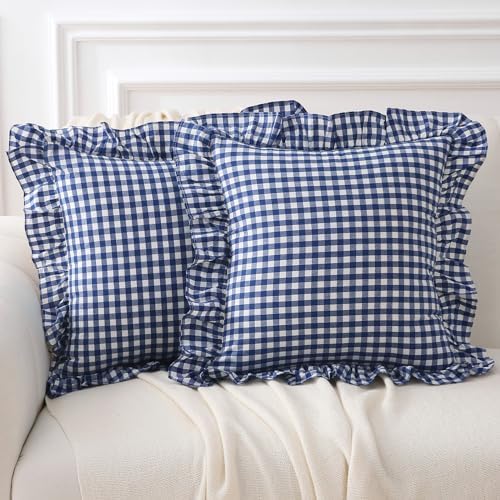 2 Pack Navy Blue Gingham Ruffle Throw Pillow Covers 18''x18'' by KMASANIJI