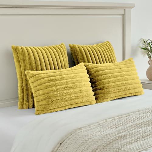 FUTEI Pack of 2 Faux Fur Throw Pillow Covers 24x24 Inch, Mustard Yellow - Image 5