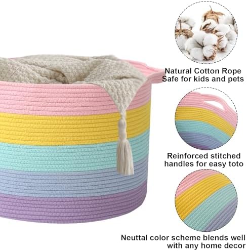 65L Large Blanket Basket, Woven Rope Laundry Basket-Colorful - Image 3
