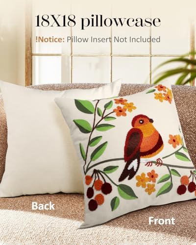 Embroidered Throw Pillow Cover, 18x18 Inch, Bird Branch - Image 4