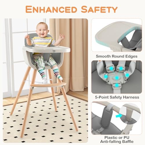 BABY JOY Convertible Baby High Chair, 3 in 1 Wooden Highchair/Booster/Chair - Image 4