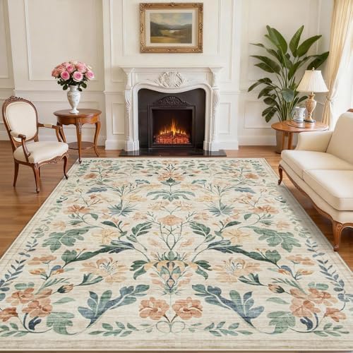 9x12 Area Rugs Boho Floral Washable Living Room Rug Neutral Carpet Bedroom by Yidanamy